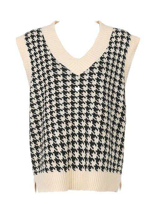 Houndstooth V-Neck Sweater Vet - Trendsi - Flyclothing LLC