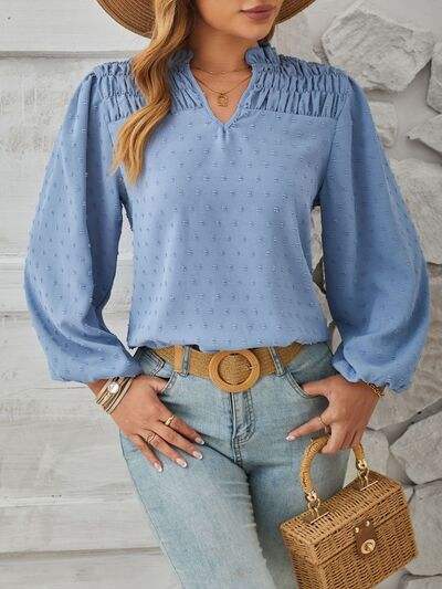 Ruched Swiss Dot Notched Balloon Sleeve T-Shirt - Trendsi - Flyclothing LLC