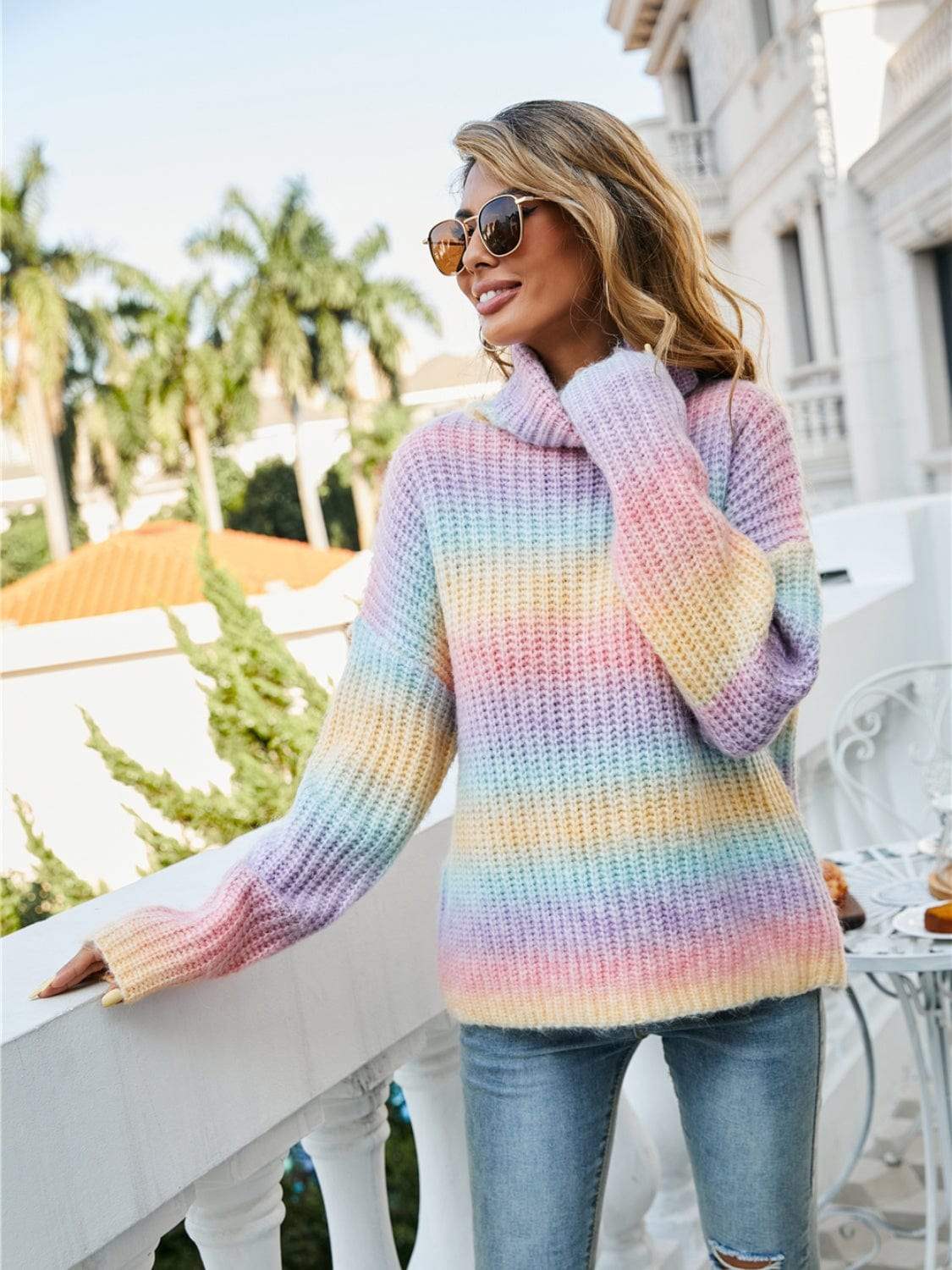 Contrast Turtleneck Dropped Shoulder Sweater - Trendsi - Flyclothing LLC