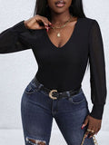 V-Neck Long Sleeve Bodysuit - Trendsi