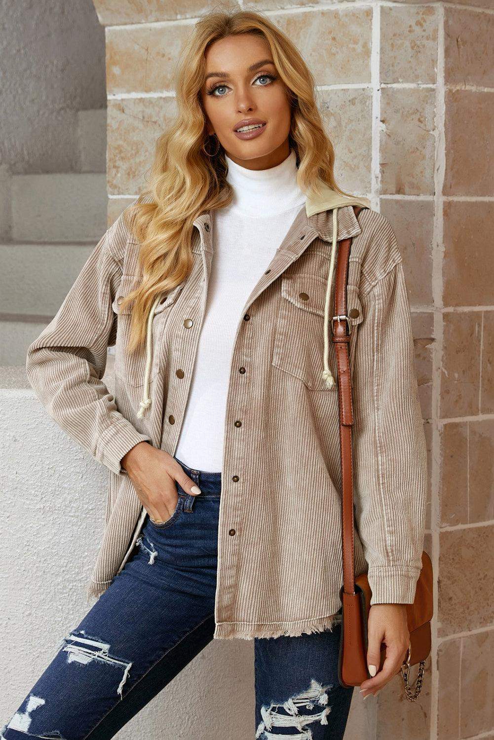 Snap Front Hooded Corduroy Shacket - Trendsi - Flyclothing LLC