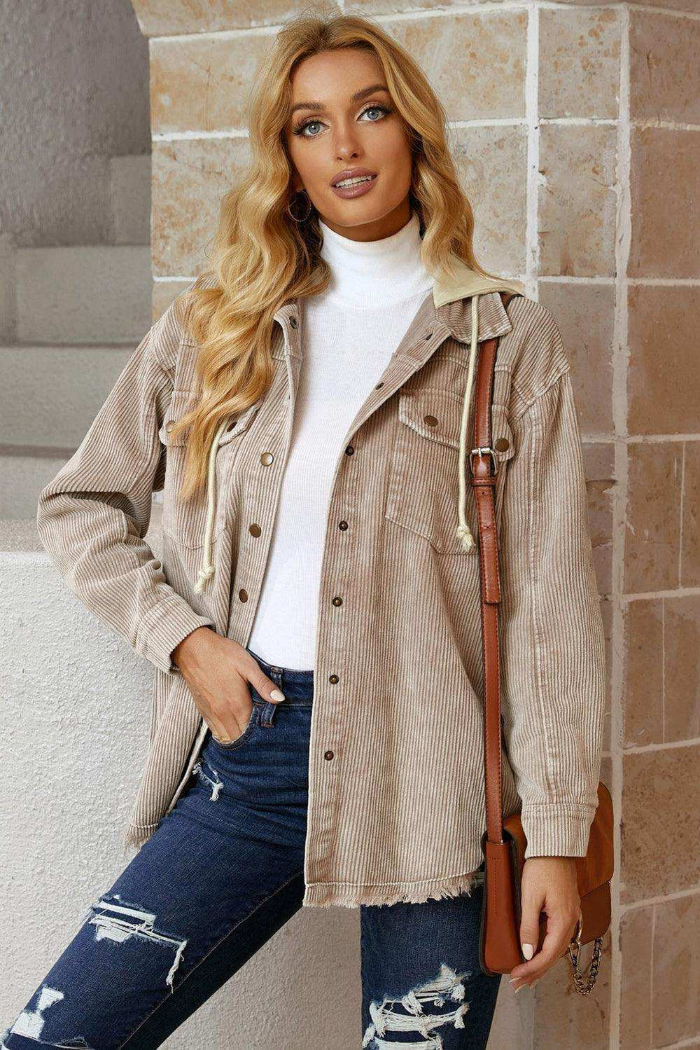 Snap Front Hooded Corduroy Shacket - Trendsi - Flyclothing LLC