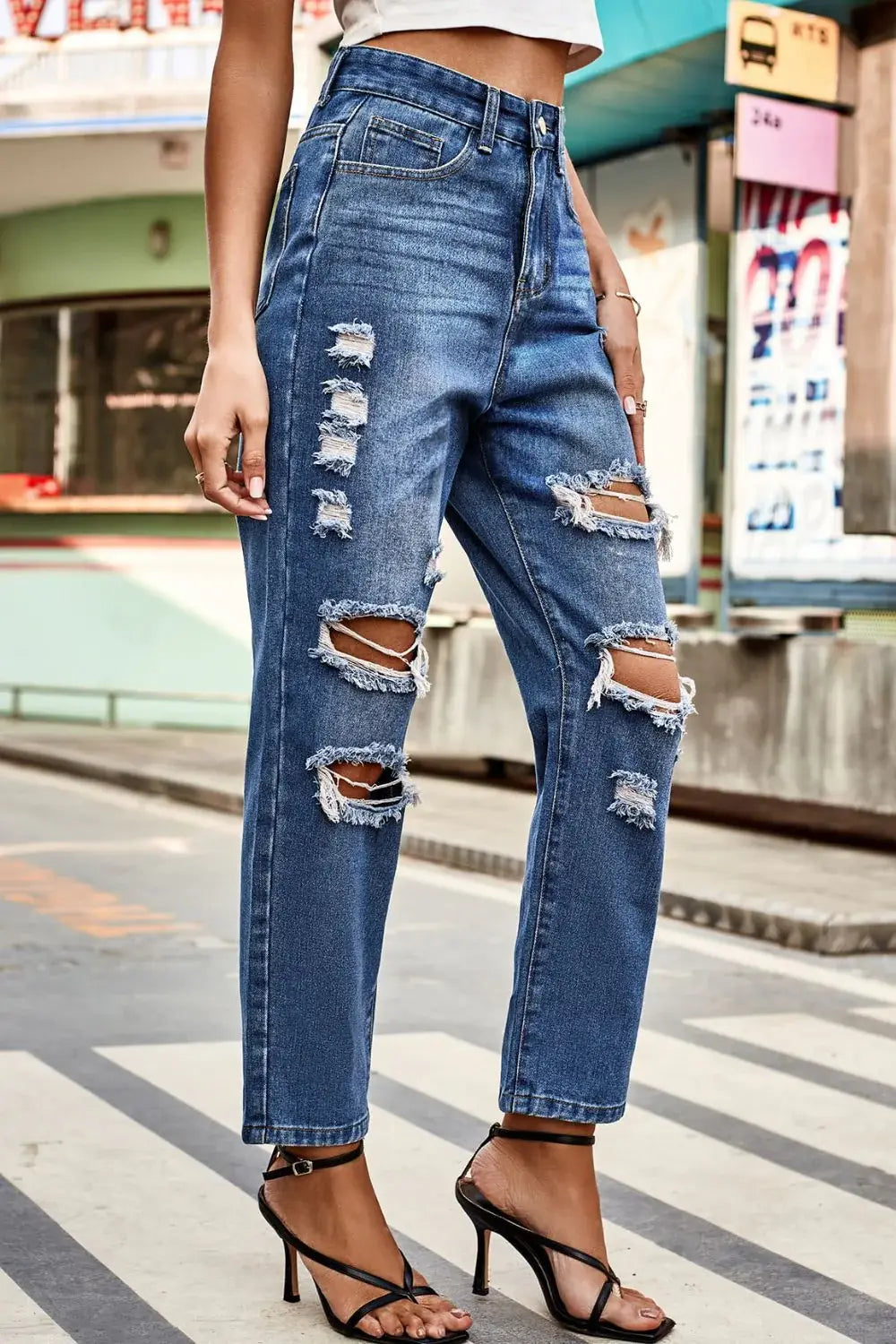 Distressed Buttoned Jeans with Pockets - Trendsi - Flyclothing LLC