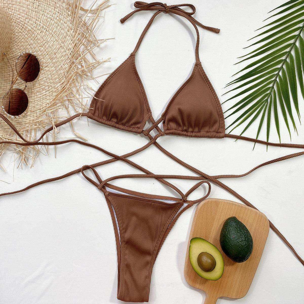 Halter Neck Crisscross Ribbed Bikini Set - Trendsi - Flyclothing LLC