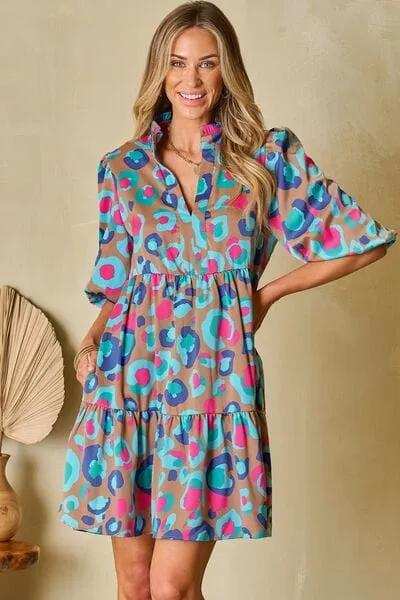 Notched Balloon Sleeve Mini Dress - Trendsi - Flyclothing LLC