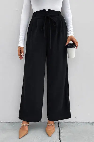 High Waist Ruched Tie Front Wide Leg Pants - Trendsi - Flyclothing LLC