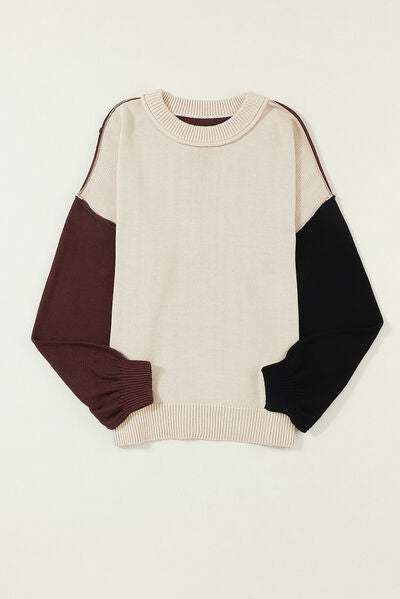 Contrast Round Neck Dropped Shoulder Sweater - Trendsi - Flyclothing LLC