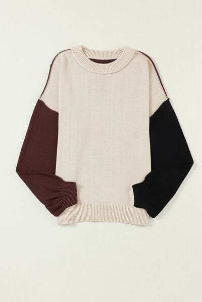 Contrast Round Neck Dropped Shoulder Sweater - Trendsi - Flyclothing LLC