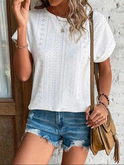 Eyelet Round Neck Short Sleeve T-Shirt - Trendsi