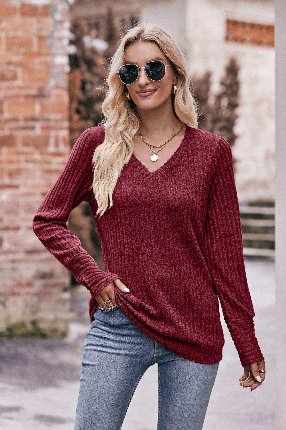 V-Neck Long Sleeve Ribbed Top - Trendsi - Flyclothing LLC