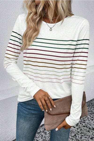 Striped Round Neck Long Sleeve T-Shirt - Trendsi - Flyclothing LLC