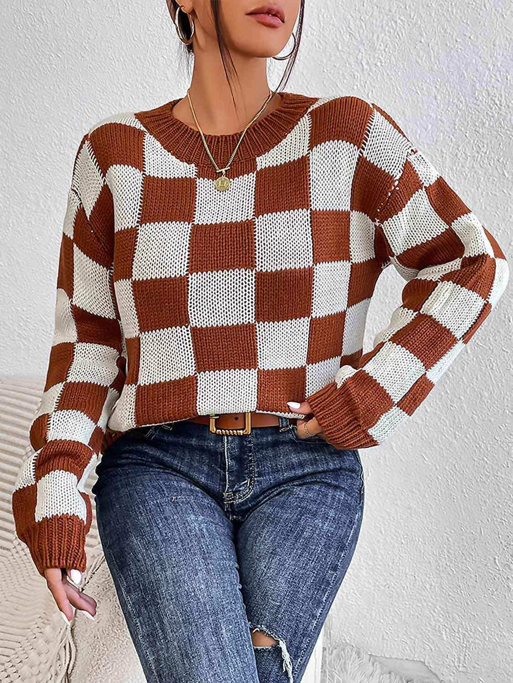 Checkered Round Neck Sweater - Trendsi - Flyclothing LLC