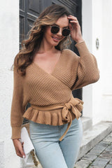 Tie Waist Ruffle Hem Sweater - Trendsi