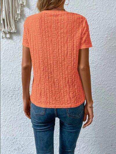 Eyelet Round Neck Short Sleeve T-Shirt - Trendsi - Flyclothing LLC