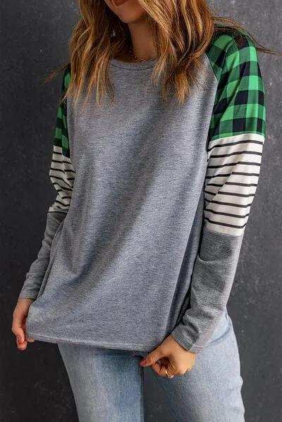 Striped Plaid Round Neck Long Sleeve T-Shirt - Trendsi - Flyclothing LLC