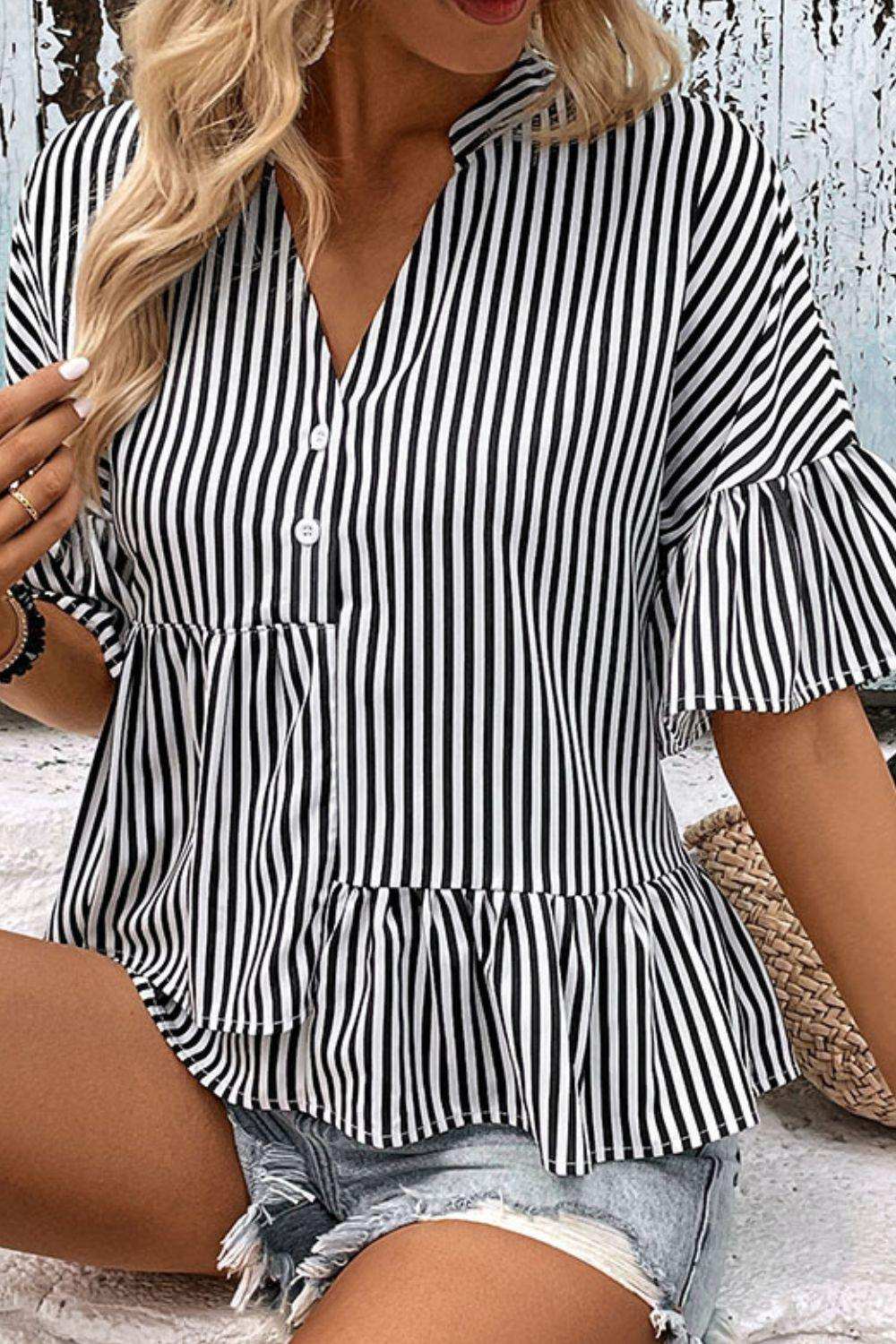 Striped Asymmetrical Flounce Sleeve Blouse - Trendsi - Flyclothing LLC