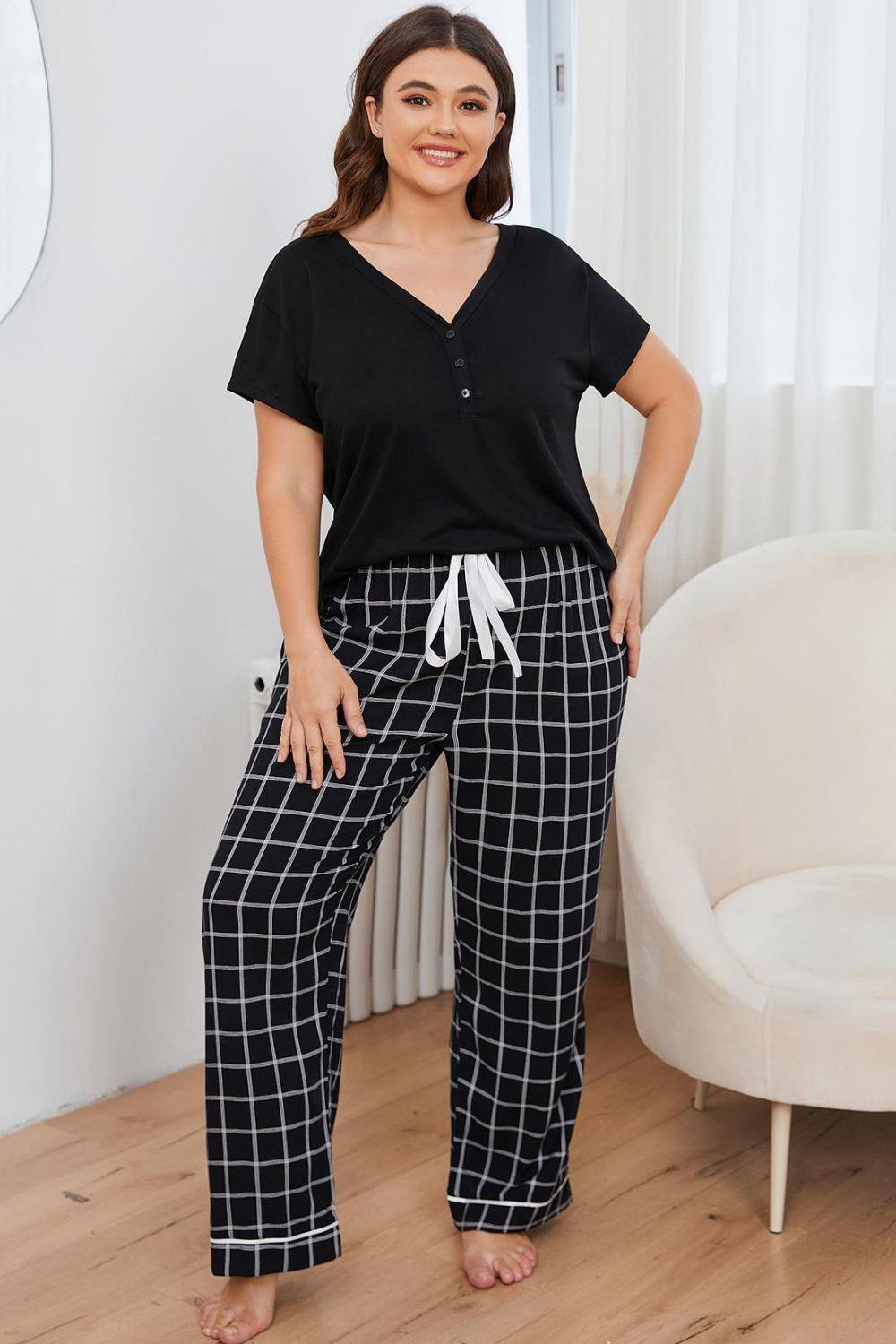 Plus Size V-Neck Top and Plaid Pants Lounge Set - Trendsi
