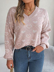 Heart Pattern V-Neck Long Sleeve Sweater - Trendsi