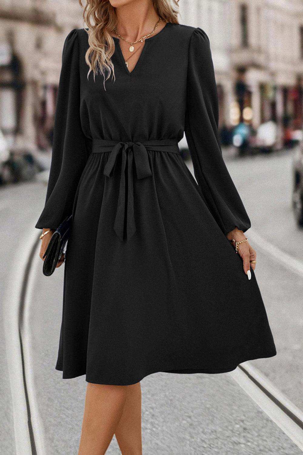 Tie Waist Notched Neck Long Sleeve Dress - Trendsi - Flyclothing LLC