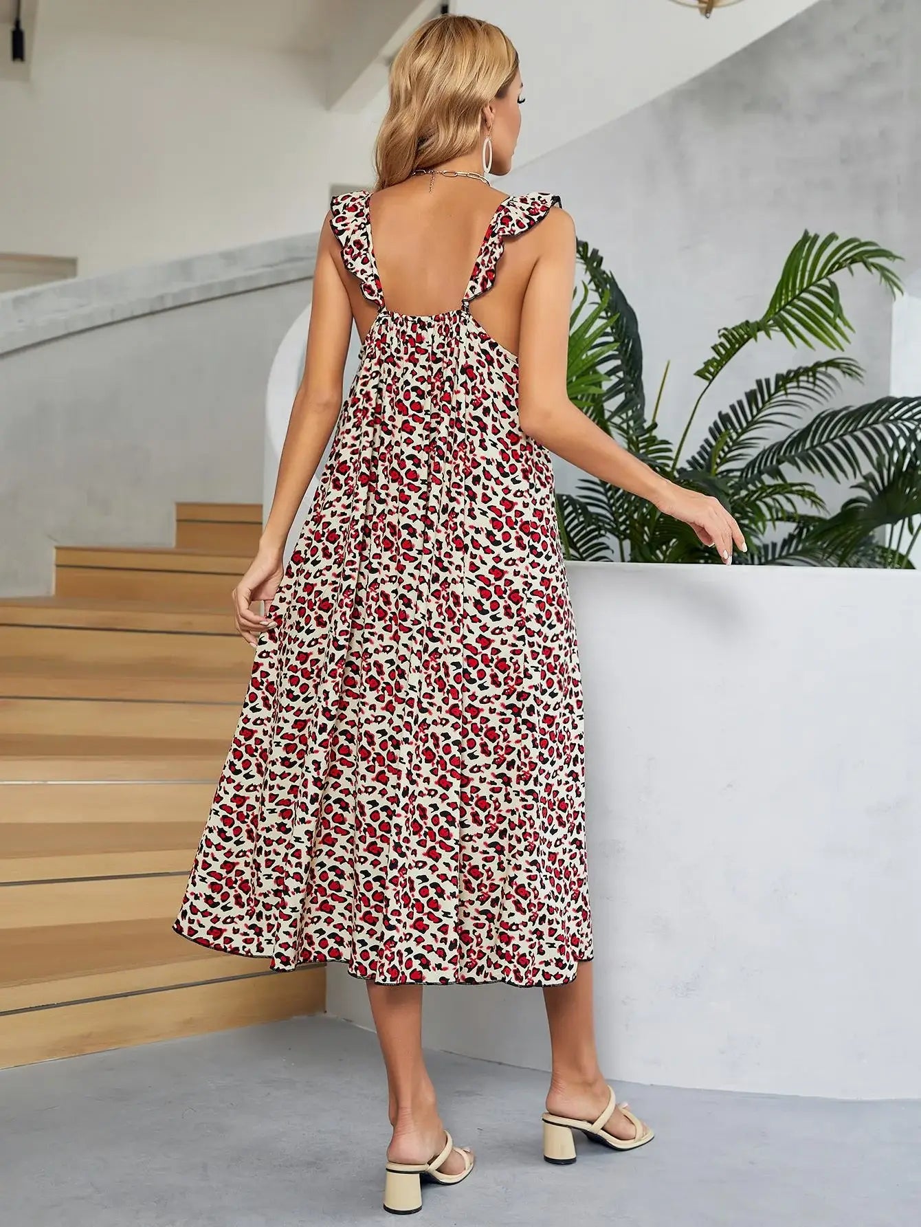Printed Ruffled Sleeveless Midi Dress - Trendsi - Flyclothing LLC