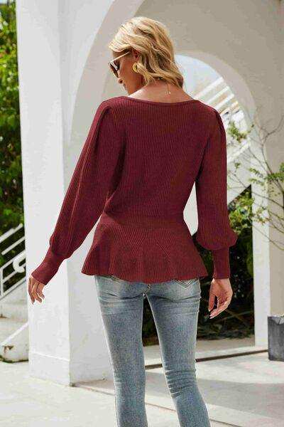 （No）Ribbed Round Neck Lantern Sleeve Sweater - Trendsi - Flyclothing LLC