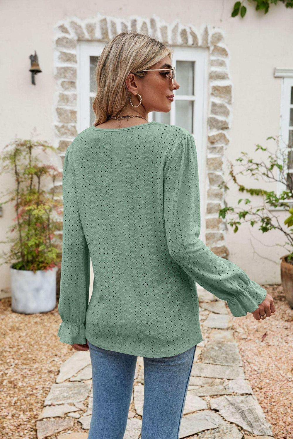 Eyelet Lace Trim Flounce Sleeve Blouse - Trendsi - Flyclothing LLC