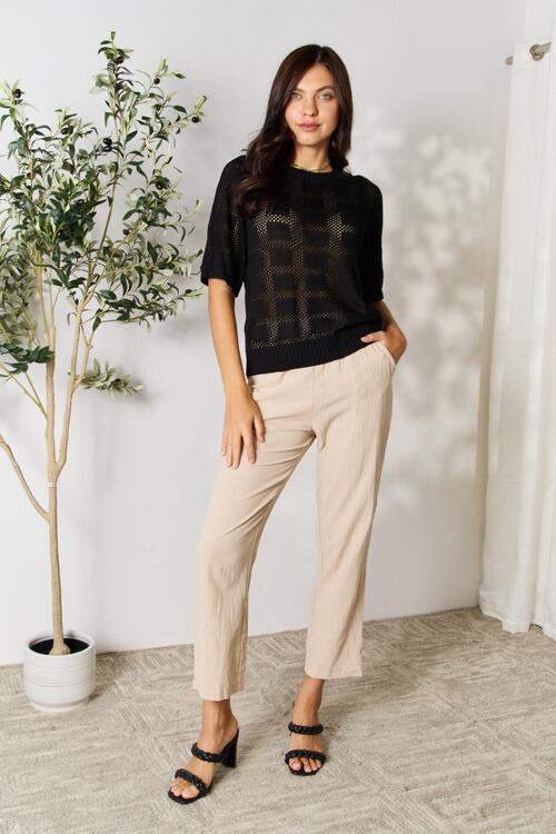 Double Take Ribbed Trim Round Neck Knit Top - Trendsi - Flyclothing LLC