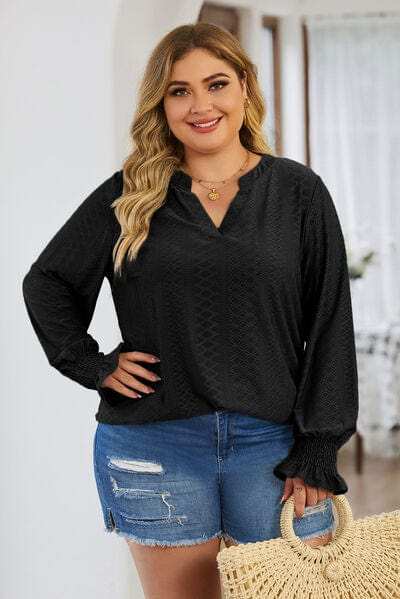 Plus Size Eyelet Notched Flounce Sleeve Blouse - Trendsi - Flyclothing LLC