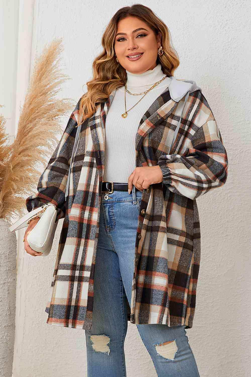 Plus Size Plaid Drop Shoulder Hooded Coat - Trendsi - Flyclothing LLC