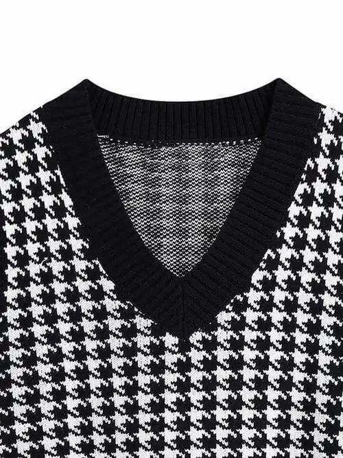 Houndstooth V-Neck Sweater Vet - Trendsi - Flyclothing LLC