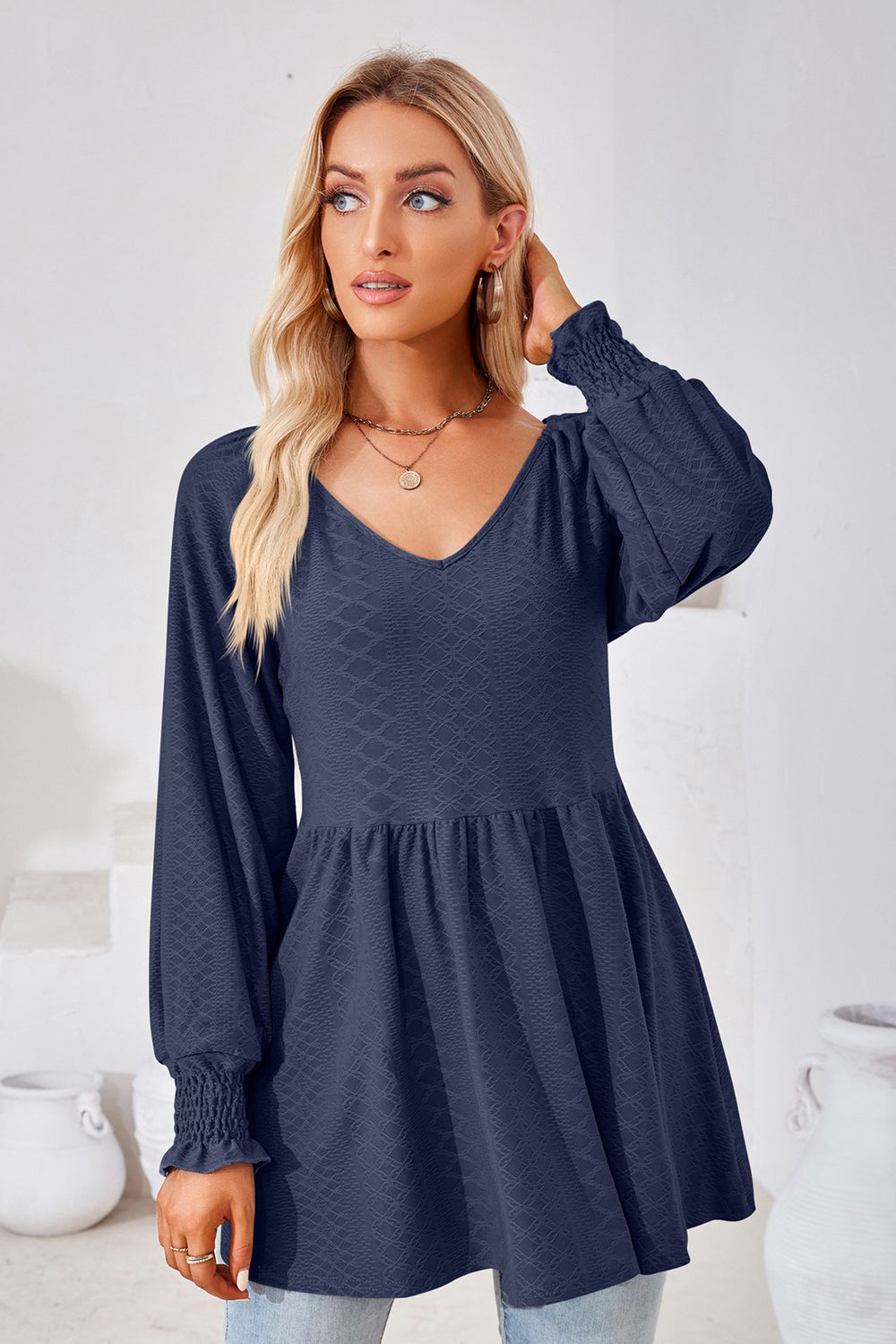 V-Neck Lantern Sleeve Blouse - Trendsi - Flyclothing LLC