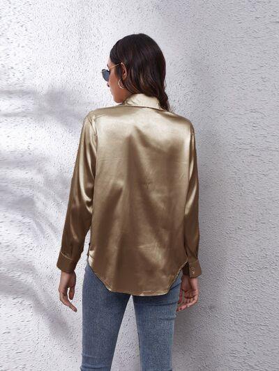 Button Up Collared Neck Long Sleeve Shirt - Trendsi