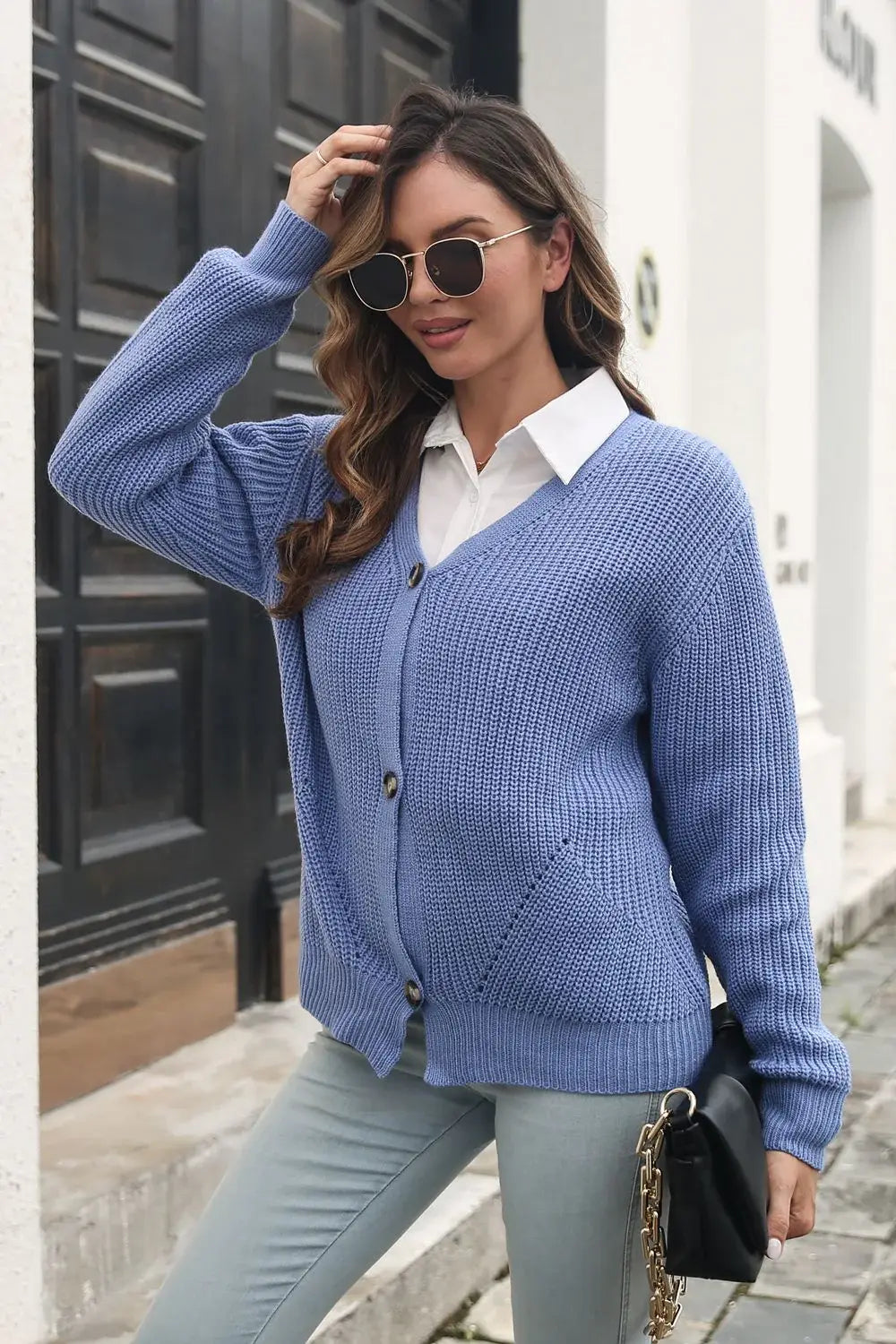 Button Down Ribbed Trim Cardigan - Trendsi - Flyclothing LLC