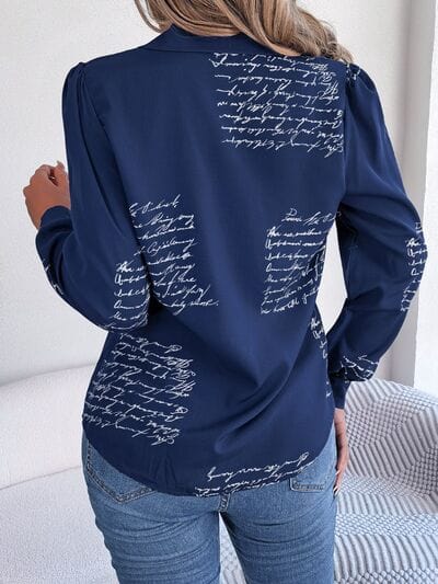 Letter Printed Button Up Long Sleeve Blouse - Trendsi