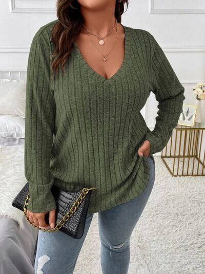 Plus Size V-Neck Long Sleeve T-Shirt - Trendsi