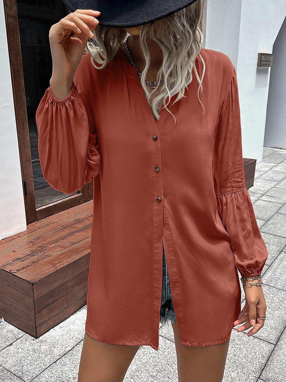 Notched Neck Balloon Sleeve Shirt - Trendsi - Flyclothing LLC