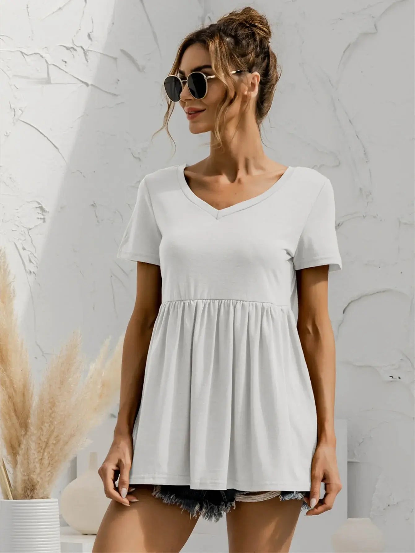V-Neck Short Sleeve Babydoll Top - Trendsi - Flyclothing LLC