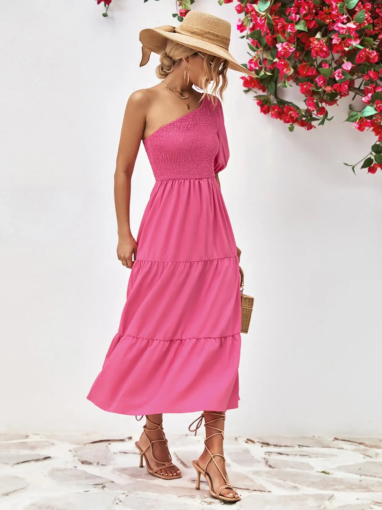 Smocked One-Shoulder Midi Dress - Trendsi - Flyclothing LLC