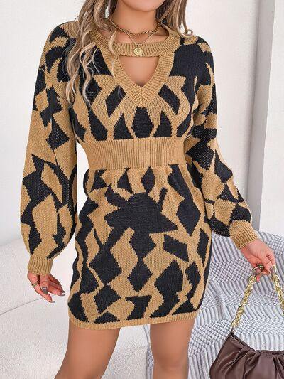Contrast Round Neck Cutout Long Sleeve Mini Sweater Dress - Trendsi