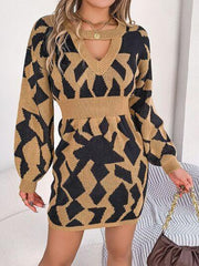 Contrast Round Neck Cutout Long Sleeve Mini Sweater Dress - Trendsi