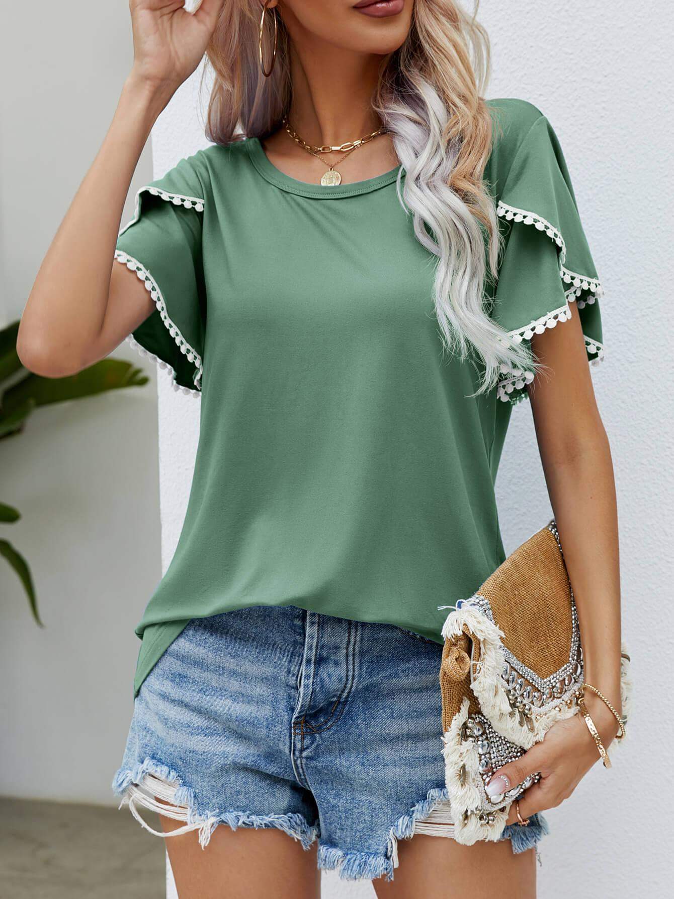 Pom-Pom Trim Flutter Sleeve Round Neck Tee - Trendsi - Flyclothing LLC
