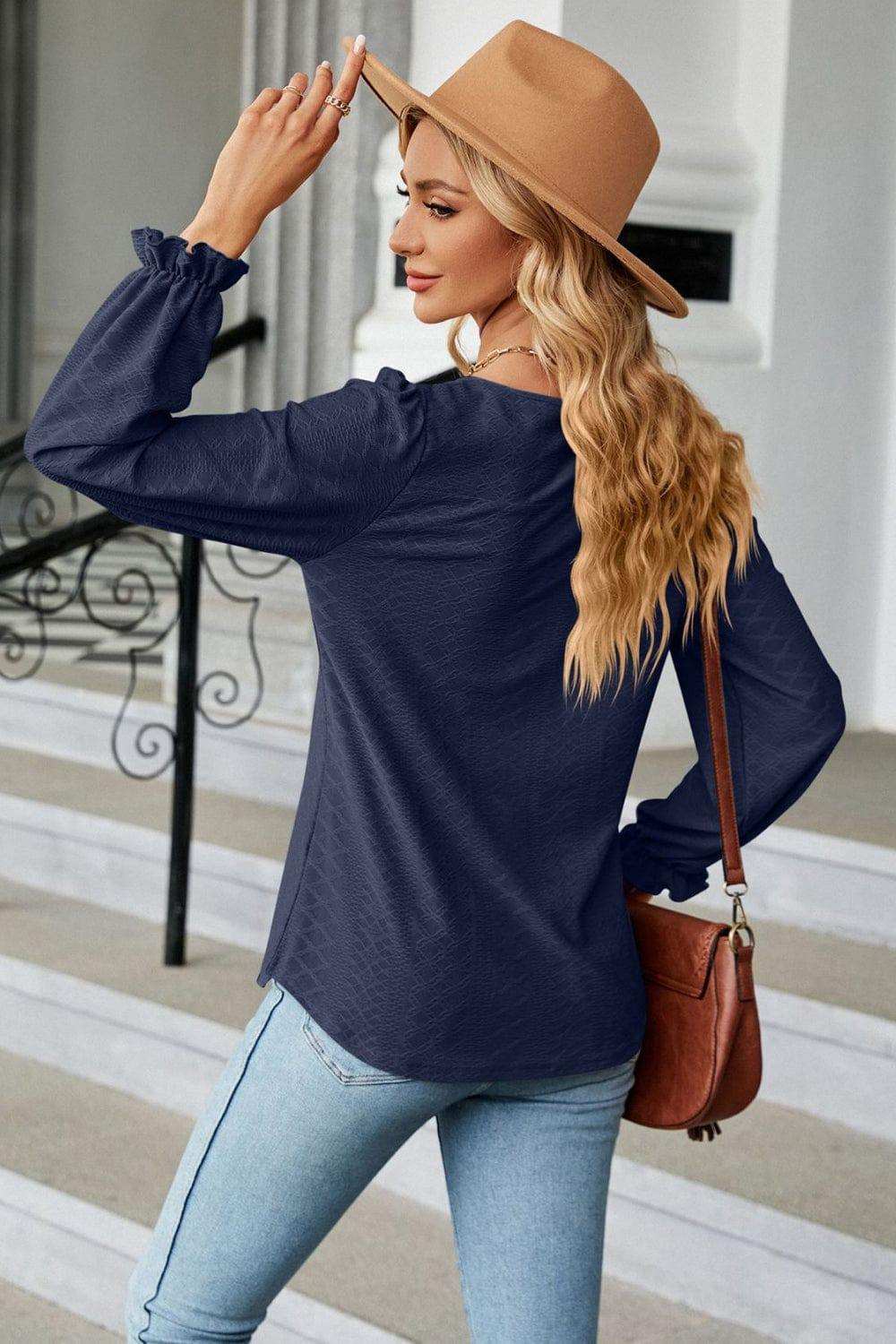 Round Neck Flounce Sleeve Blouse - Trendsi - Flyclothing LLC