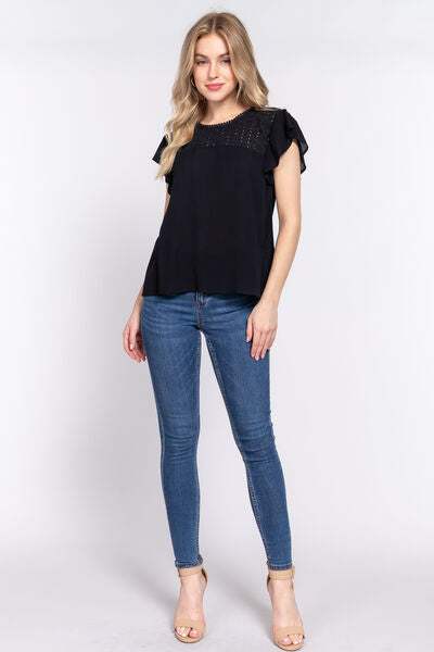 ACTIVE BASIC Ruffle Short Sleeve Crochet Blouse - Trendsi - Flyclothing LLC