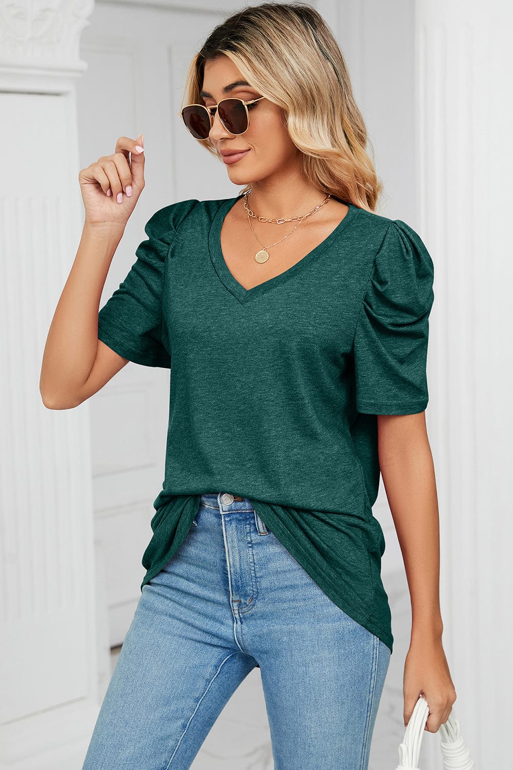 Heathered V-Neck Puff Sleeve T-Shirt - Trendsi