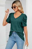 Heathered V-Neck Puff Sleeve T-Shirt - Trendsi - Flyclothing LLC