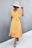 Striped Tie Belt Midi Dress - Trendsi
