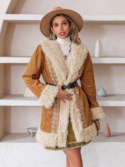 Fuzzy Open Front Long Sleeve Outerwear - Trendsi - Flyclothing LLC