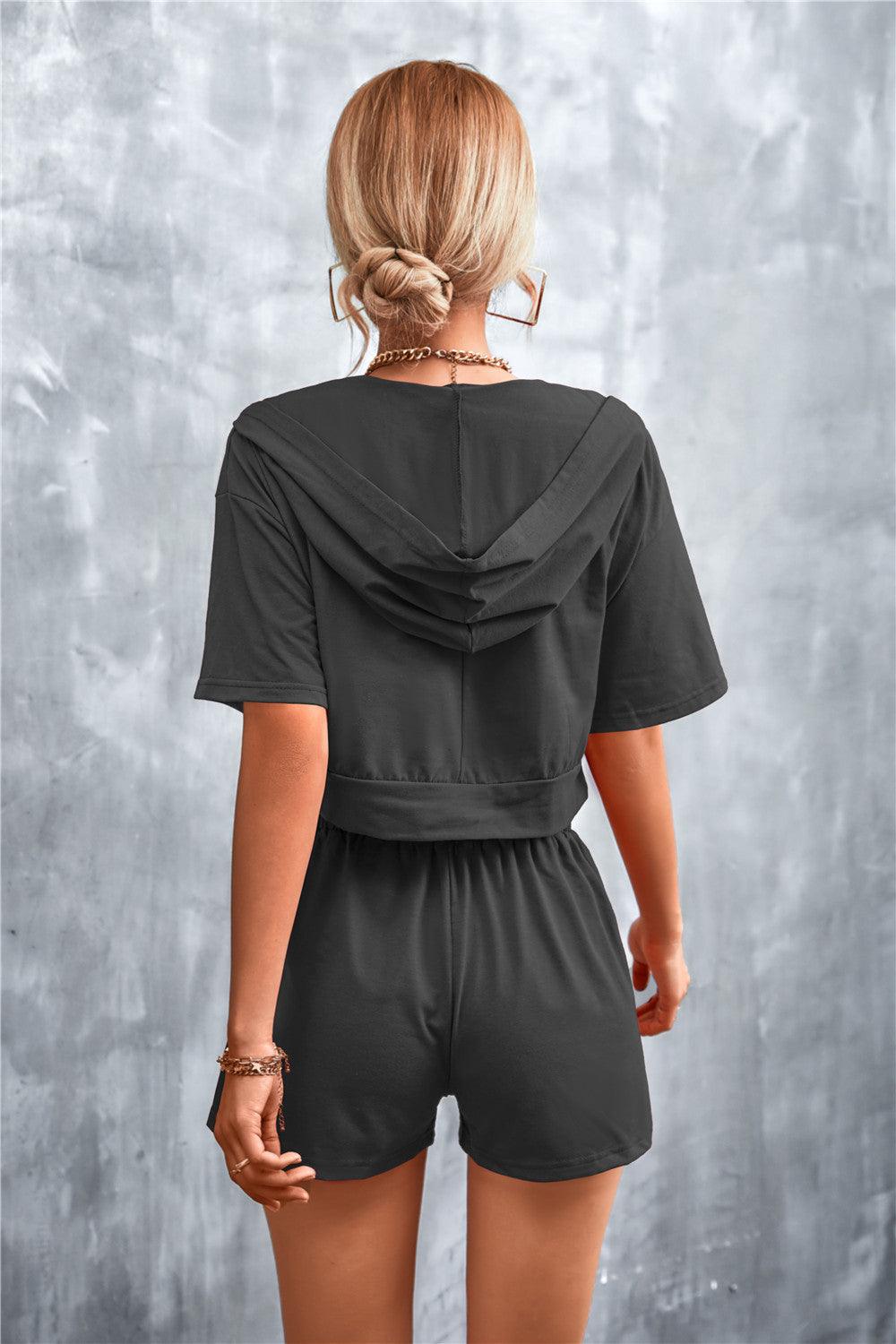 Half Zip Cropped Hooded T-Shirt and Shorts Set - Flyclothing LLC