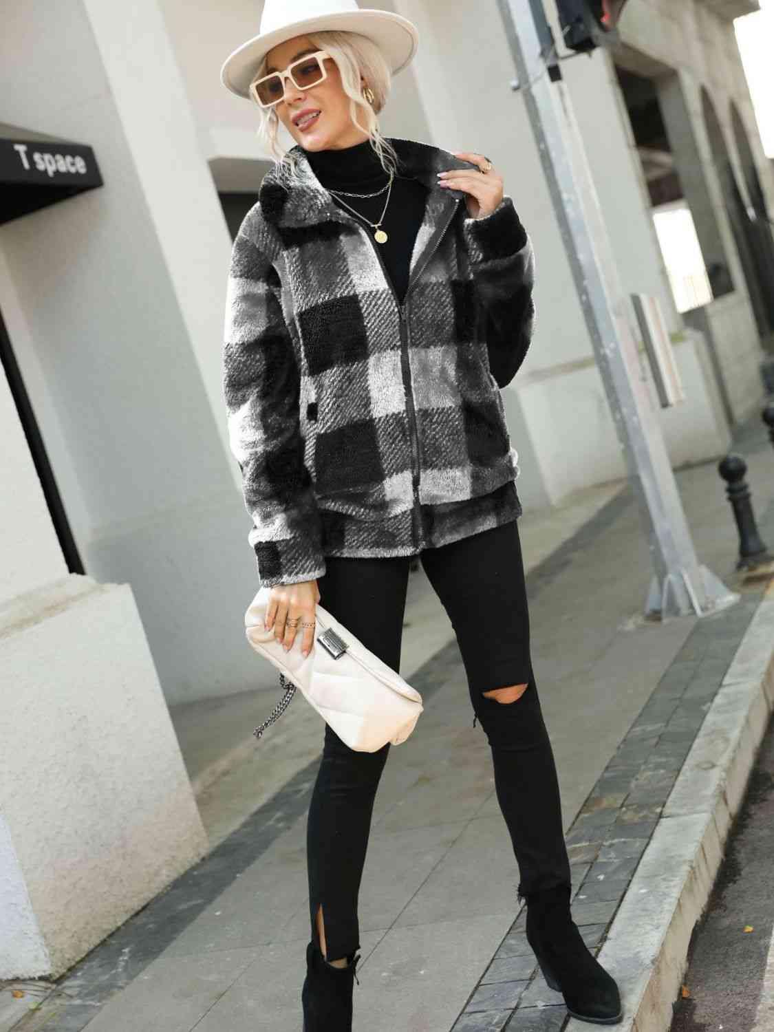 Plaid Zip-Up Collared Jacket - Trendsi