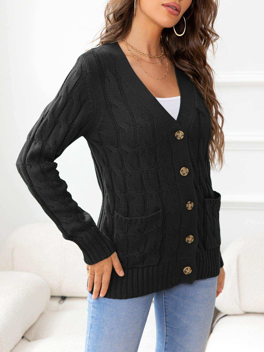 Button Down Cable-Knit Cardigan - Trendsi - Flyclothing LLC